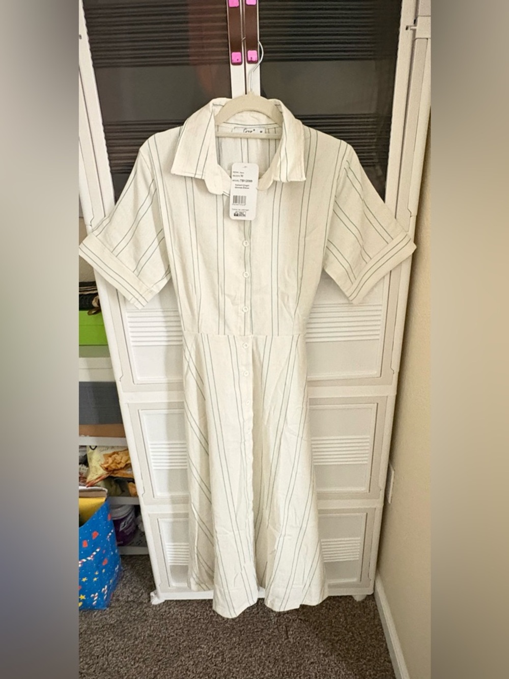 Tuba Button-Front Striped Midi Shirt Dress - Cream and Light Green - Medium